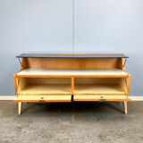 Small chest of drawers by WK Möbel with black and white glass top, pear wood, 1950s