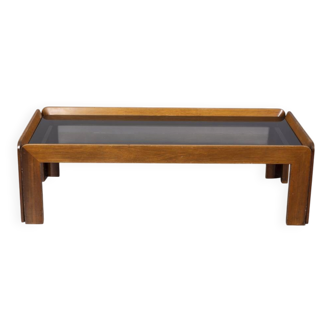 VINTAGE 1970S COFFEE TABLE IN WOOD AND GLASS DESIGNED AFRA E TOBIA SCARPA