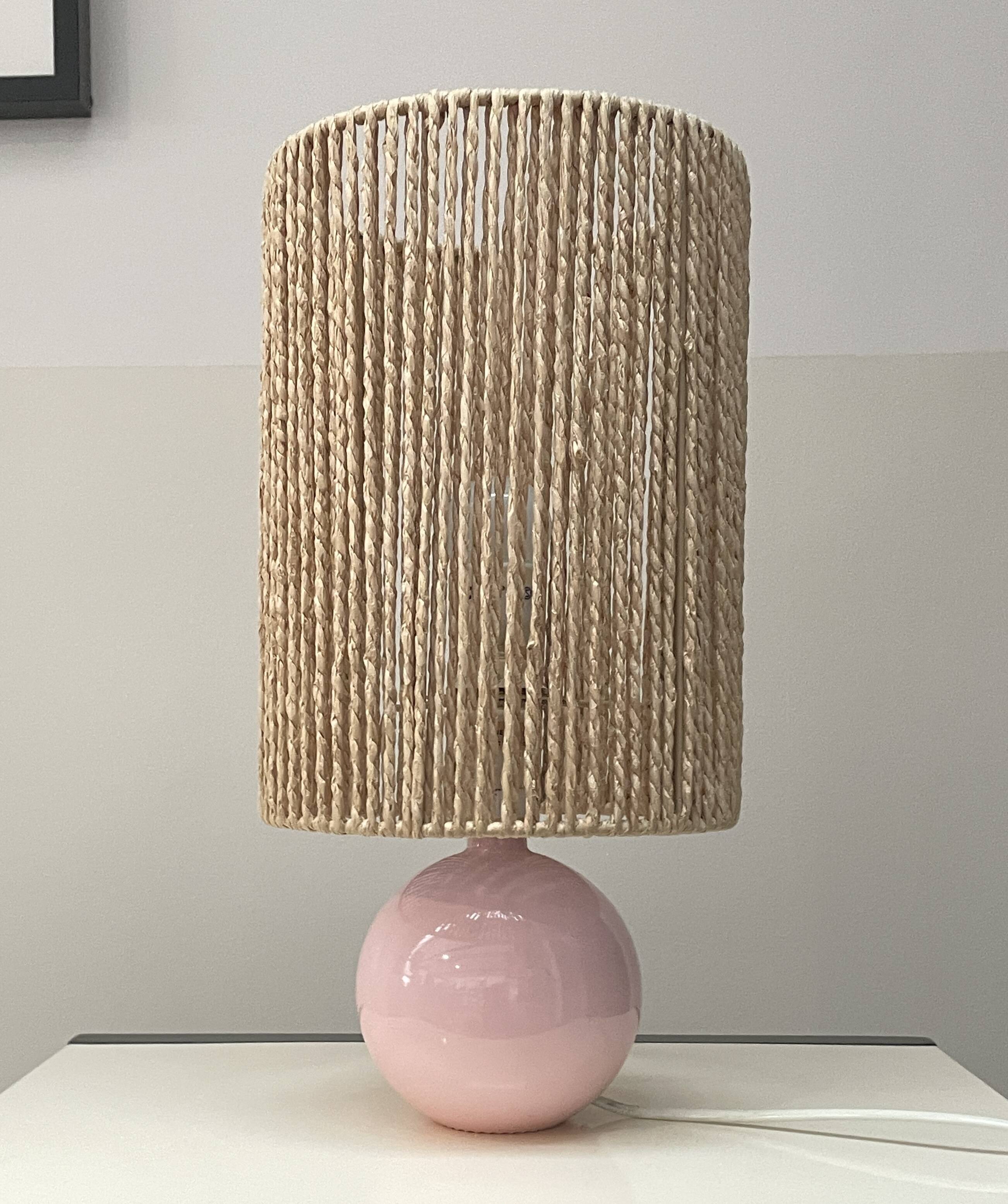 Pink Ceramic Ball Lamp - Hemp Shade - Vintage - 1980s
