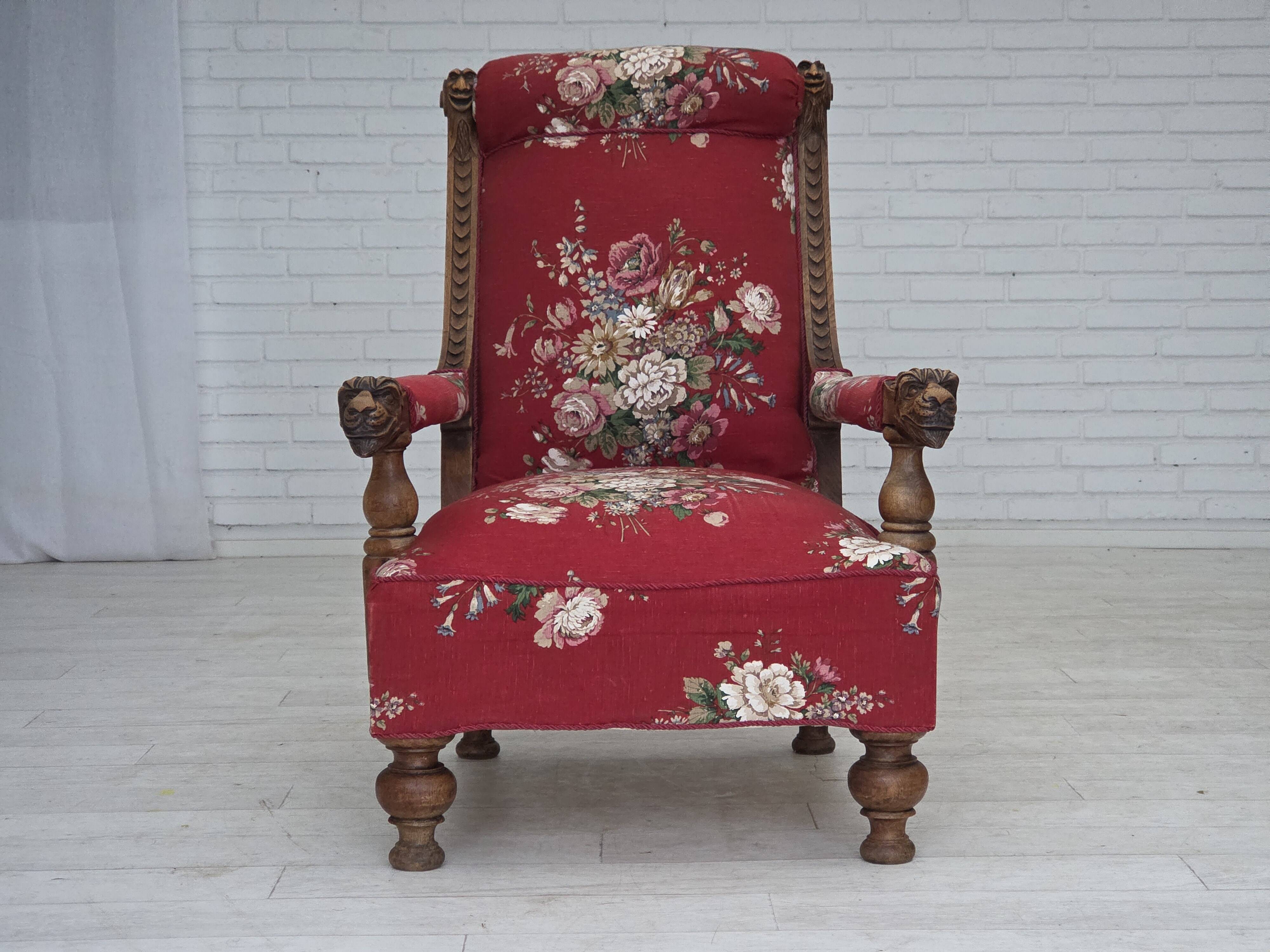 1920-30s, Danish armchair, furniture cotton fabric, hand carved oak wood.