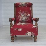 1920-30s, Danish armchair, furniture cotton fabric, hand carved oak wood.