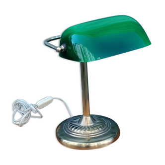 Lampe notaire en laiton et opaline verte, 1950