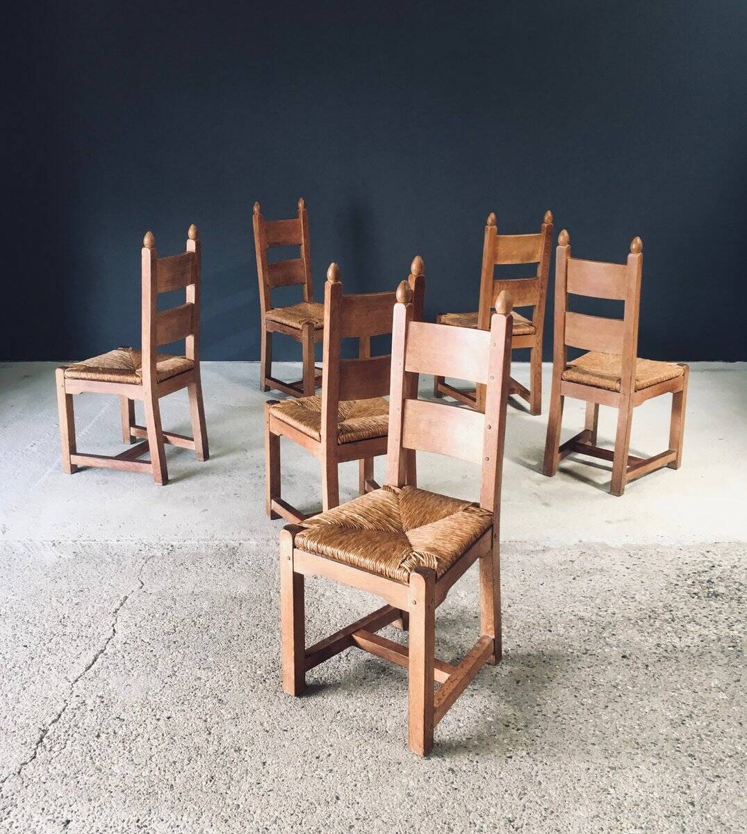 Handcrafted Oak and Rush Dining Chairs, Belgium, 1960s, Set of 6