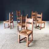 Handcrafted Oak and Rush Dining Chairs, Belgium, 1960s, Set of 6