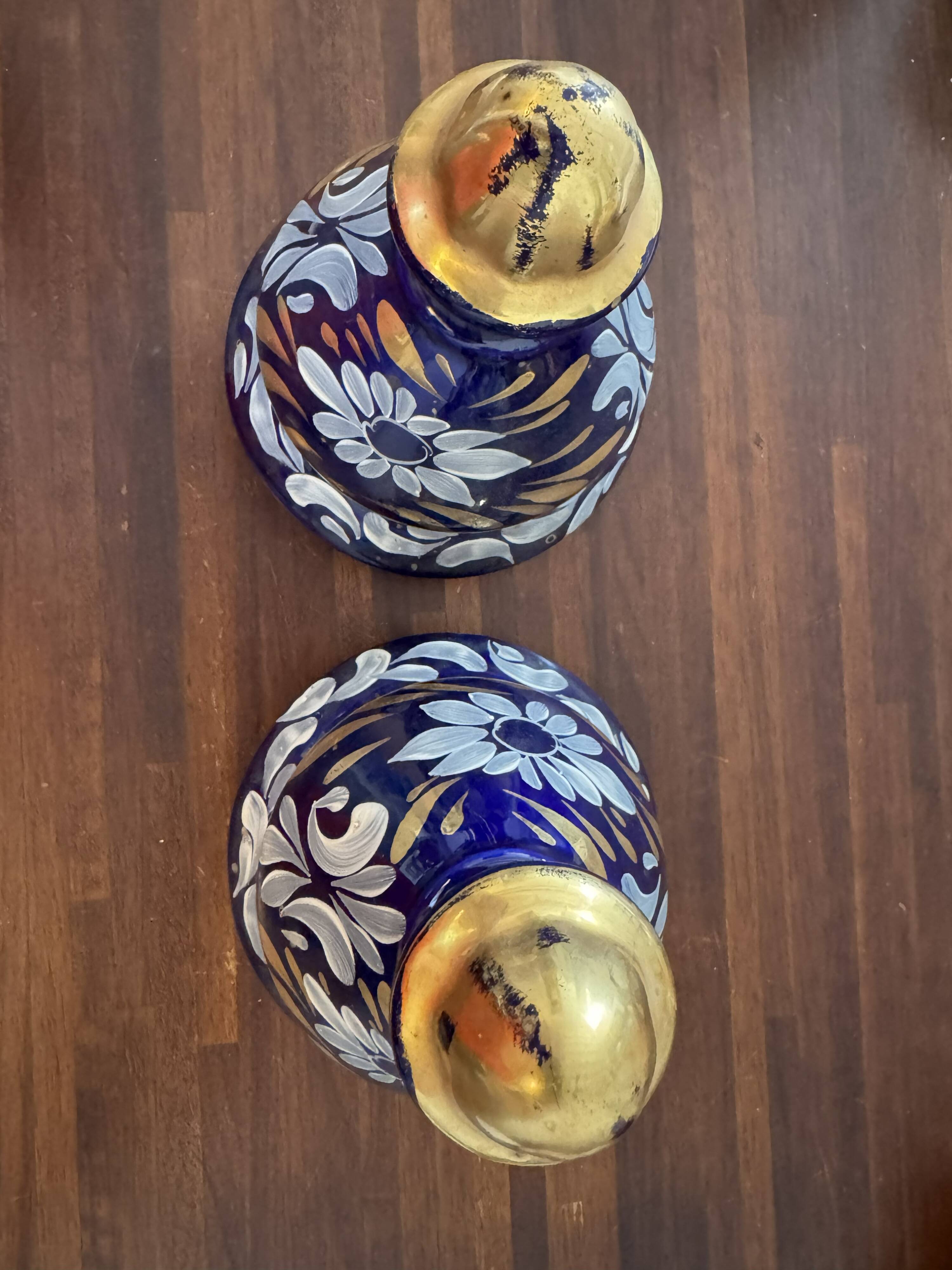 Pair of vintage jugs / pitchers in cobalt blue and gold ceramic – Made i