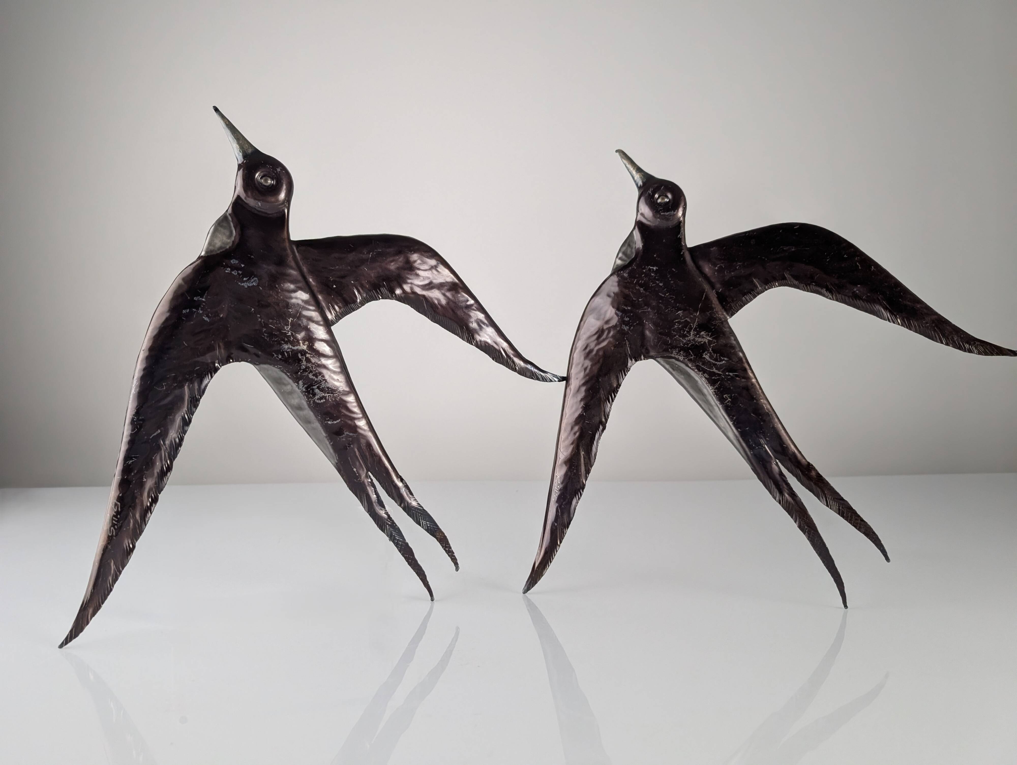 Pair of Metal Wall Sculptures Swallows, Signed, 1970s