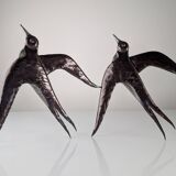 Pair of Metal Wall Sculptures Swallows, Signed, 1970s