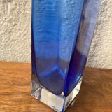 Blue and colorless glass vase with square section