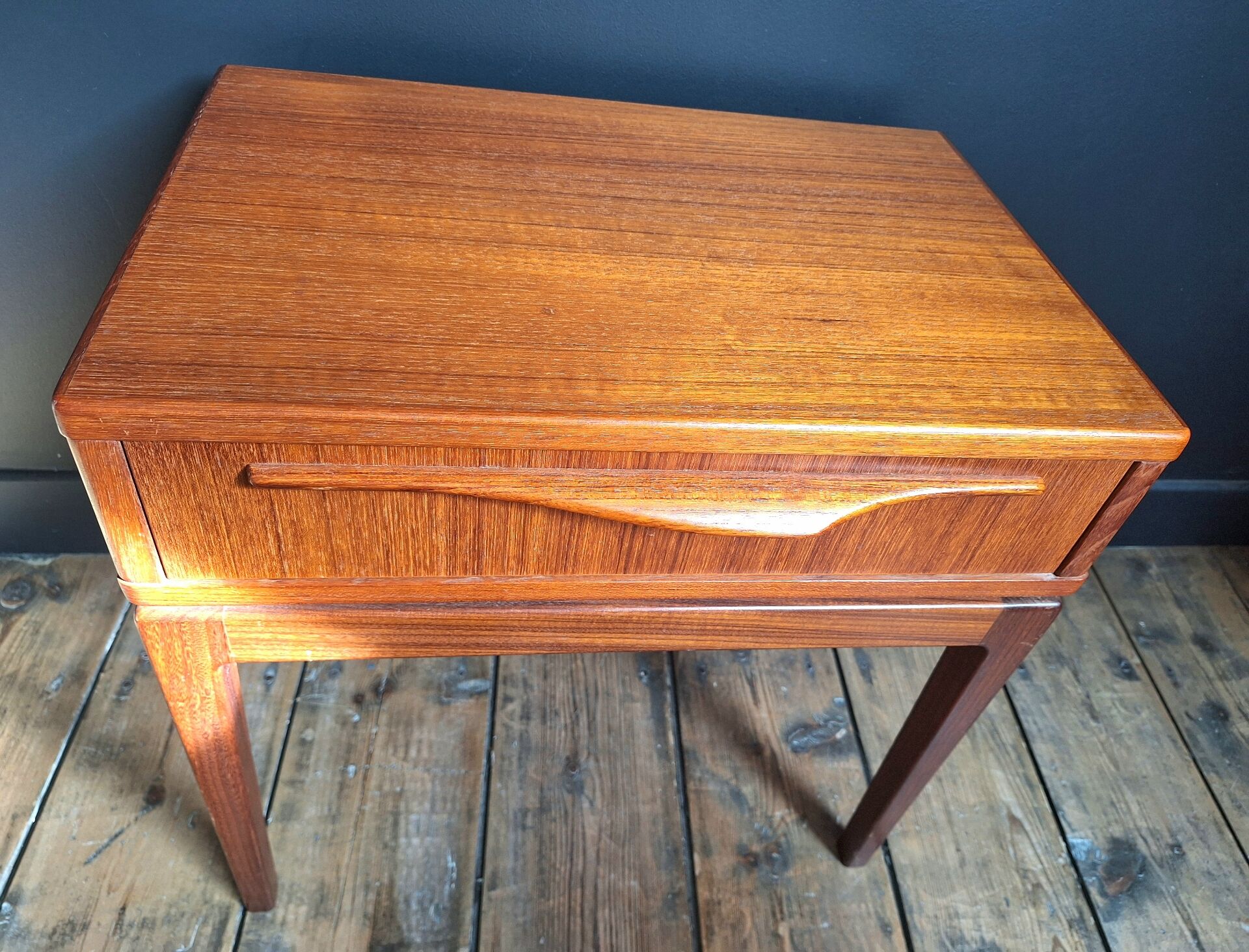 Vintage teak bedside table, Scandinavian design nightstand, accent furniture.