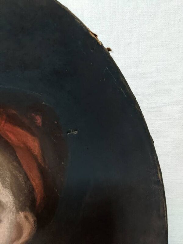Pastel antique portrait jeune fille tableau ovale décoration campagne XIX
