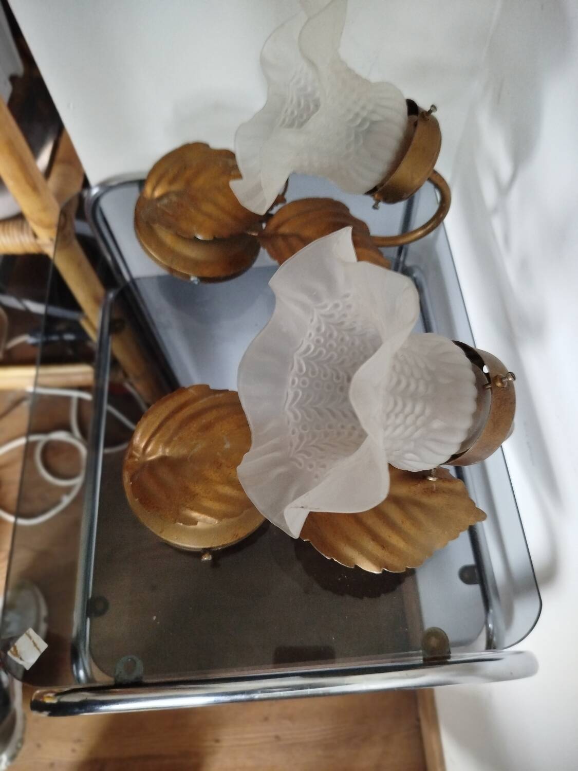 Pair of vintage flower & leaf style wall sconces - molded glass