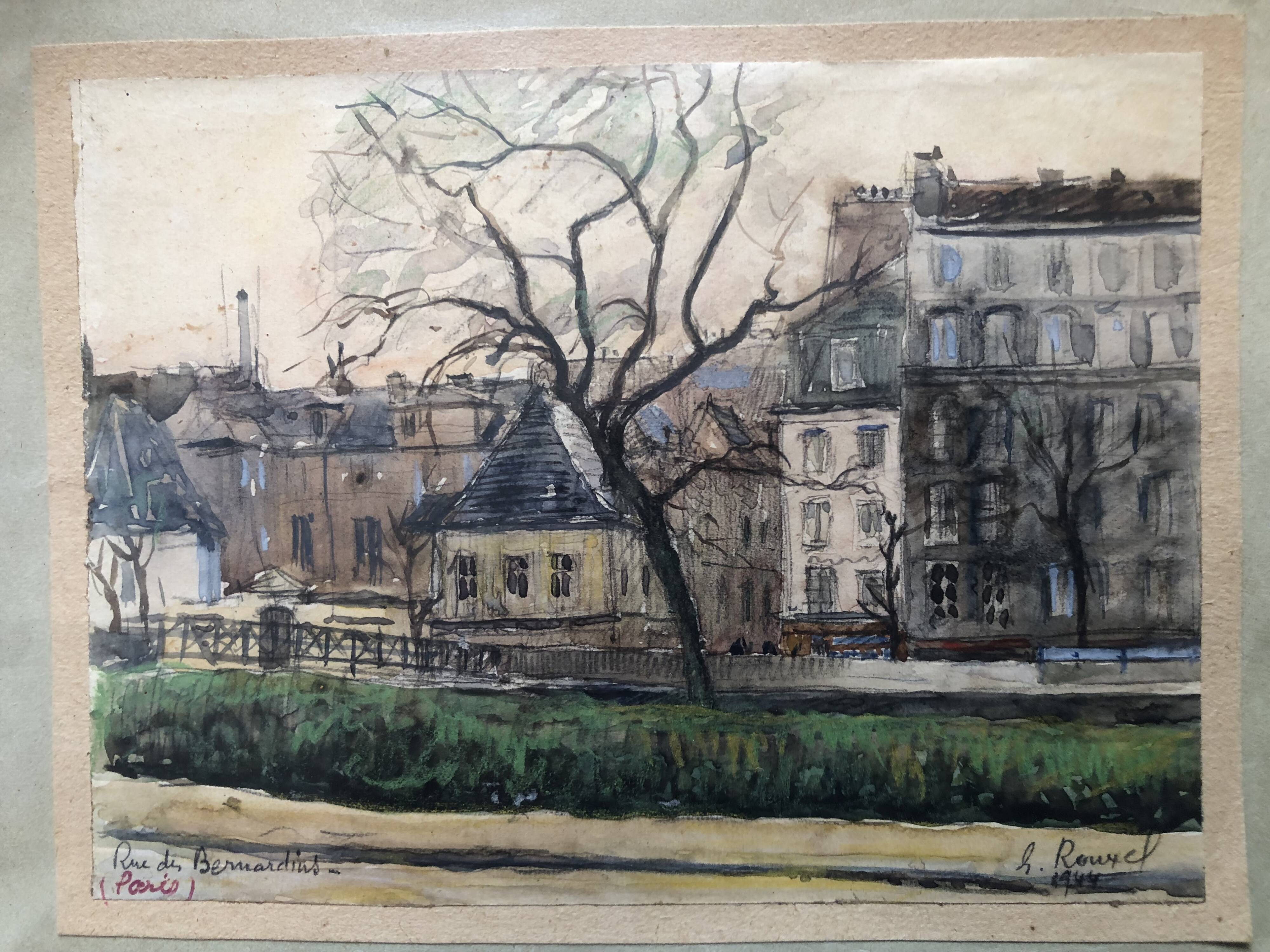 Watercolor on paper: rue des bernardins paris signed rouxel 1944, frame, quai tournelle seine 75