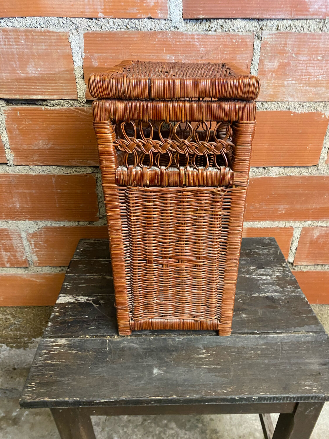 Antique basket, tall wicker woven bread basket, vintage laundry basket