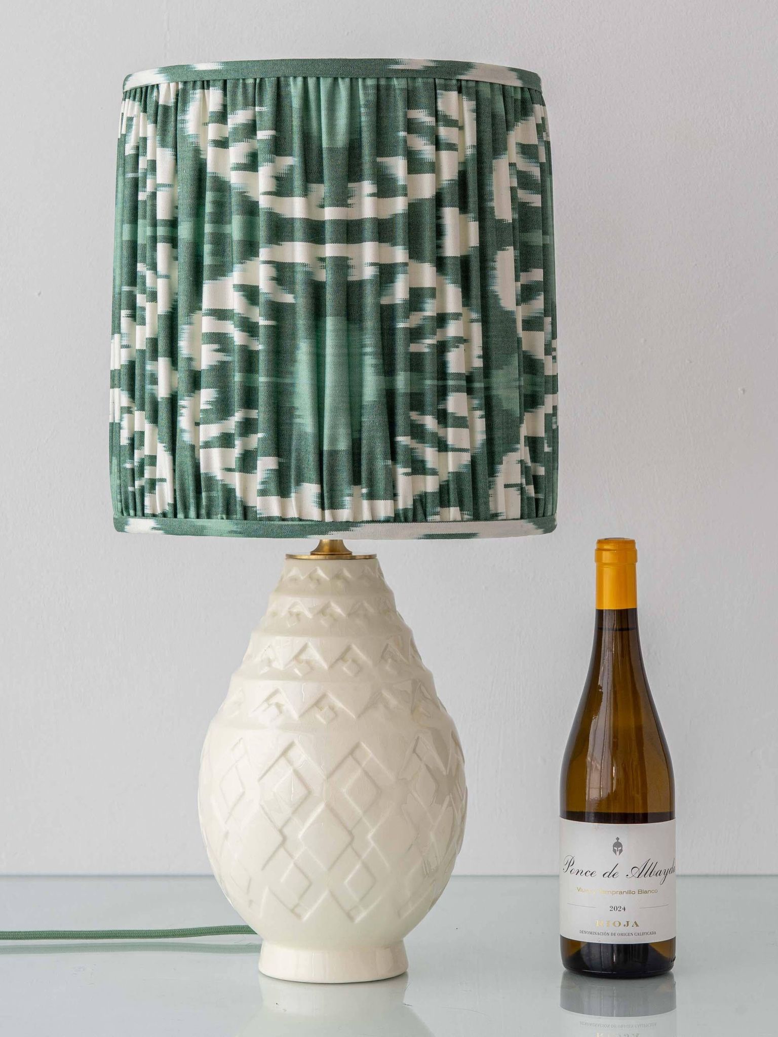 Art Deco table lamp by Charles Catteau for Boch Frères "Pineapple" with new Ikat silk shade.