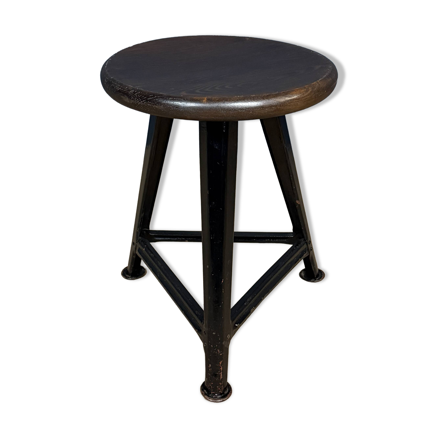 Unmarked black Rowac stool with a dark wood seat.