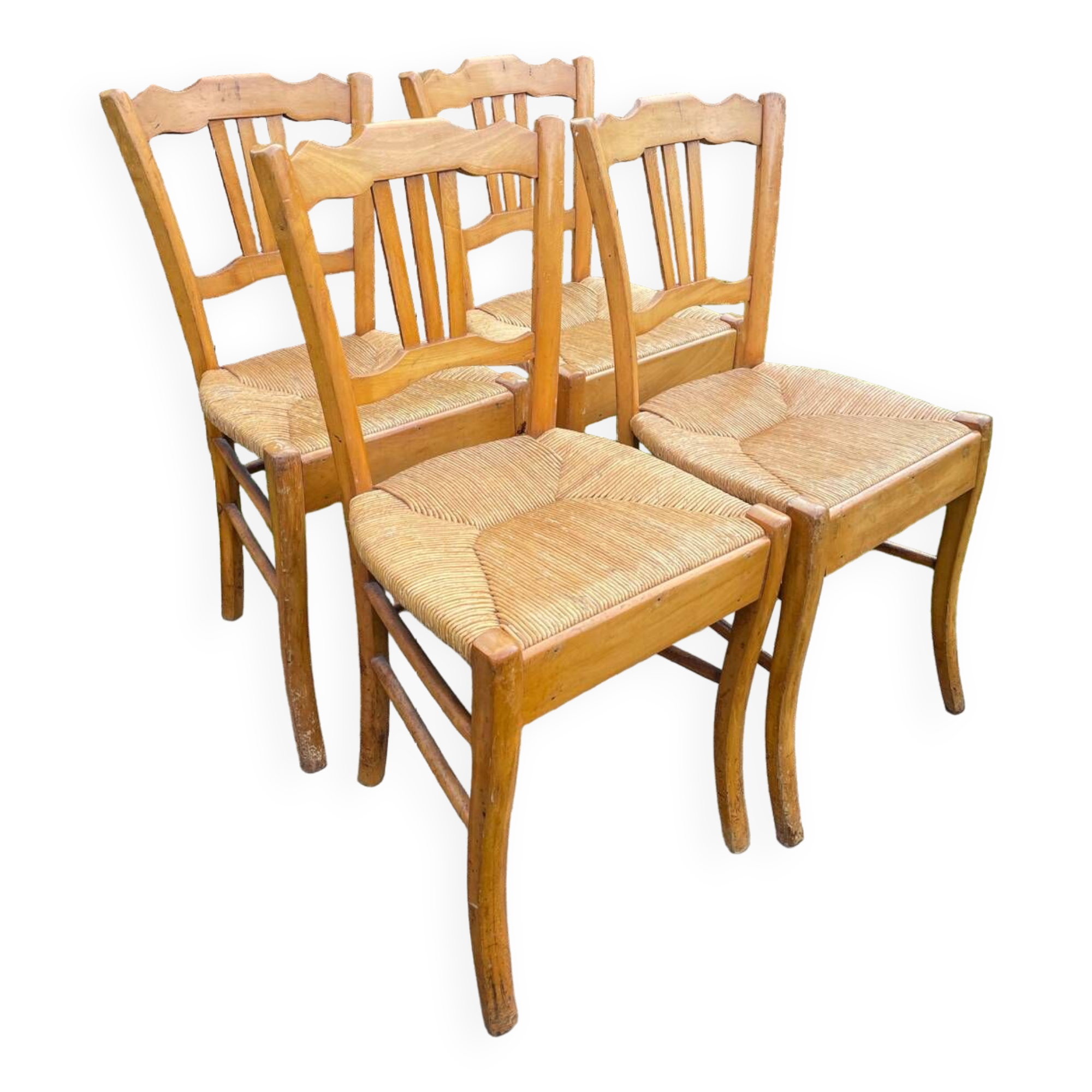 4 old blond beech straw chairs