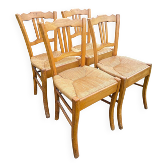 4 old straw chairs in blond beech