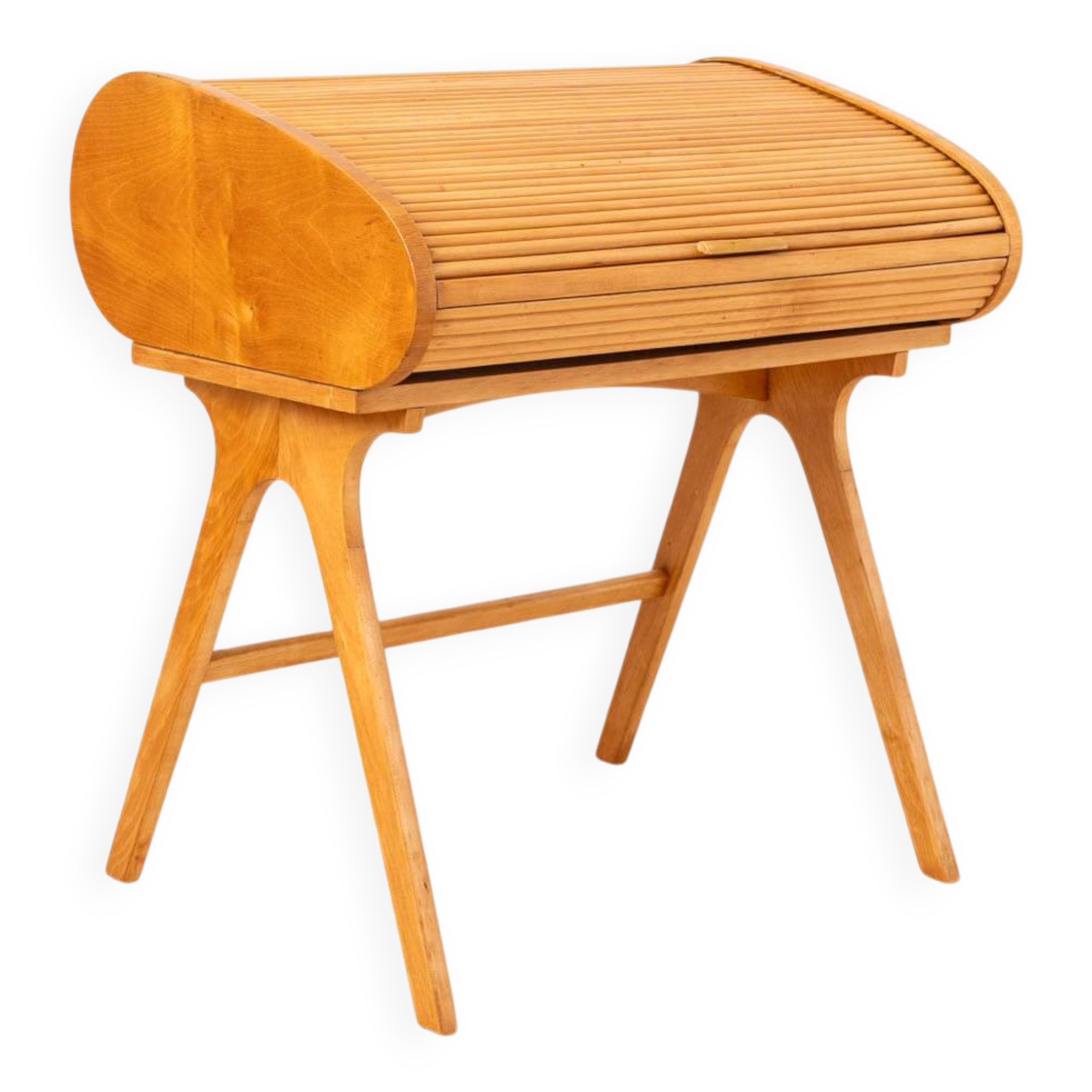 Mid Century Modern Desk with Roll-Top, Walnut Veneer, 1950s, Fully Restored