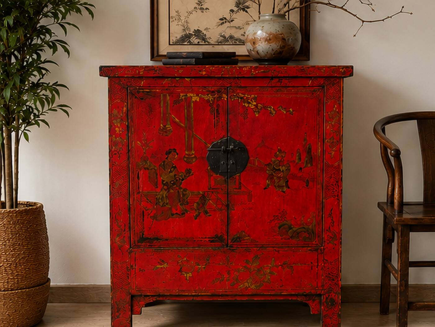 Antique Chinese Red Lacquer Cabinet with Hand-Painted Decorations