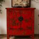 Antique Chinese Red Lacquer Cabinet with Hand-Painted Decorations