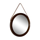 Mid-Century Scandinavian Round Wenge Wood Mirror with Leather Strap, 1950s