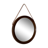 Miroir rond scandinave en bois de wengé avec lanière en cuir, années 1950