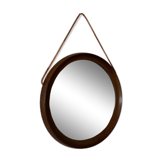 Mid-Century Scandinavian Round Wenge Wood Mirror with Leather Strap, 1950s