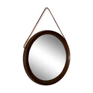 Mid-Century Scandinavian Round Wenge Wood Mirror with Leather Strap, 1950s