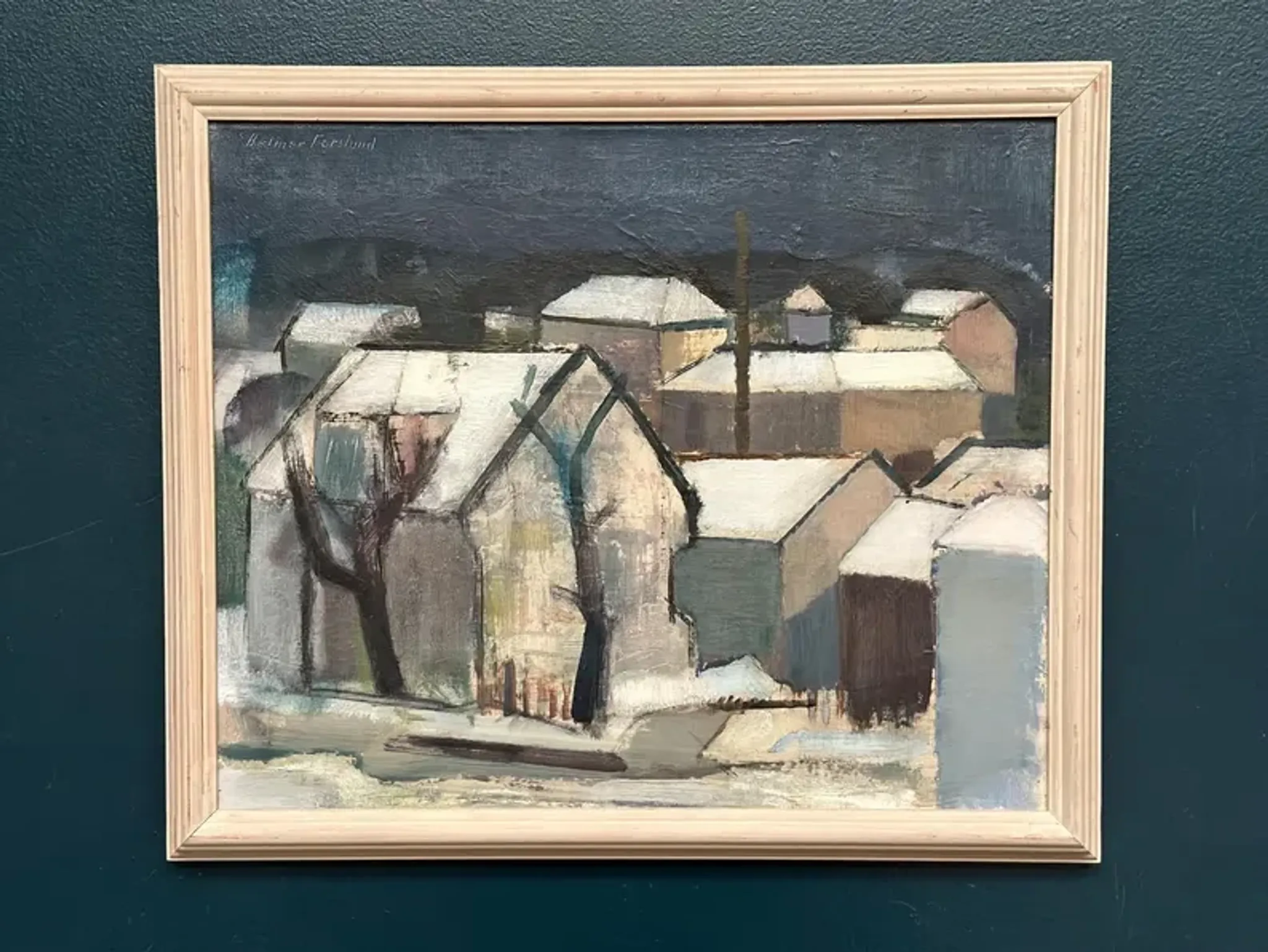 Original Swedish Oil on Canvas – "Winter Night in the City" by Helmer Forslund – Signed – Vintage and Framed – 45 × 37 cm (17.7" × 14.6")