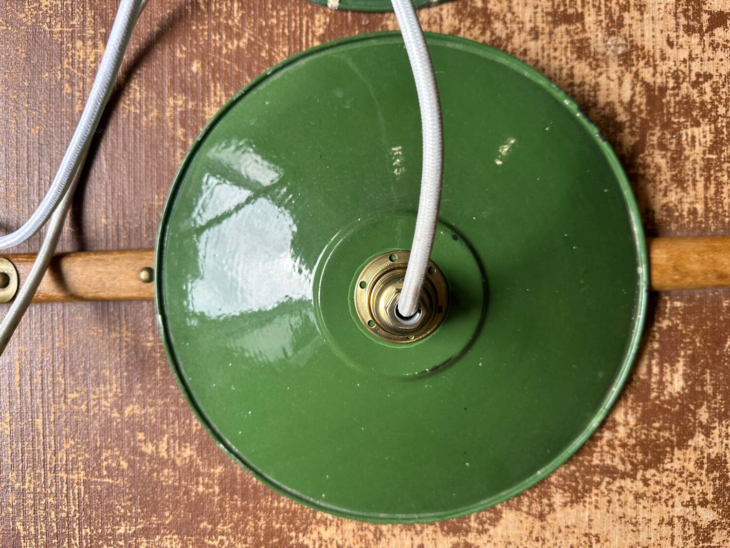 Set of two vintage green and white enamelled sheet metal lampshade pendants