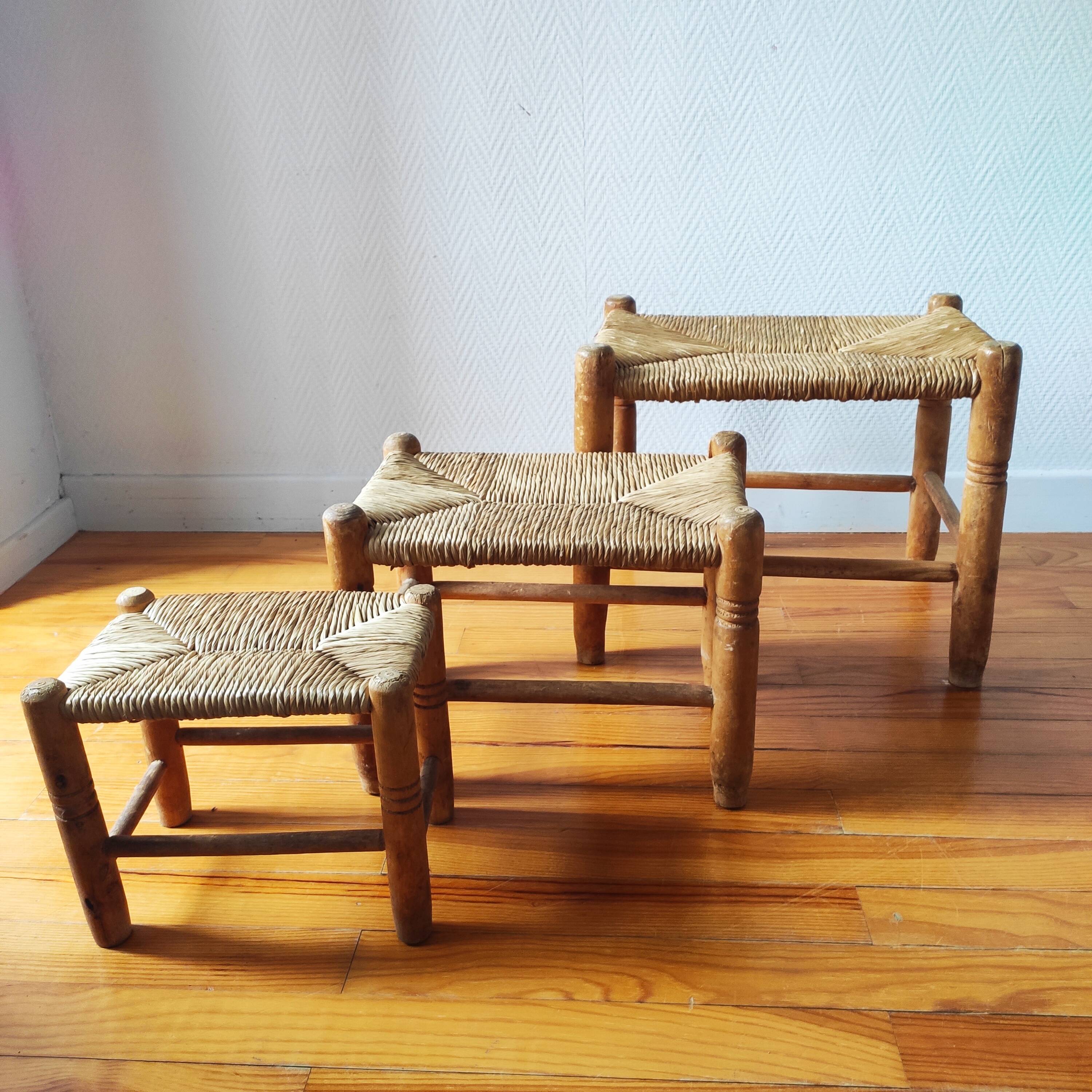 Set of 3 small wooden and straw benches/stools Vintage 60-70s