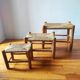 Set of 3 small wooden and straw benches/stools Vintage 60-70s