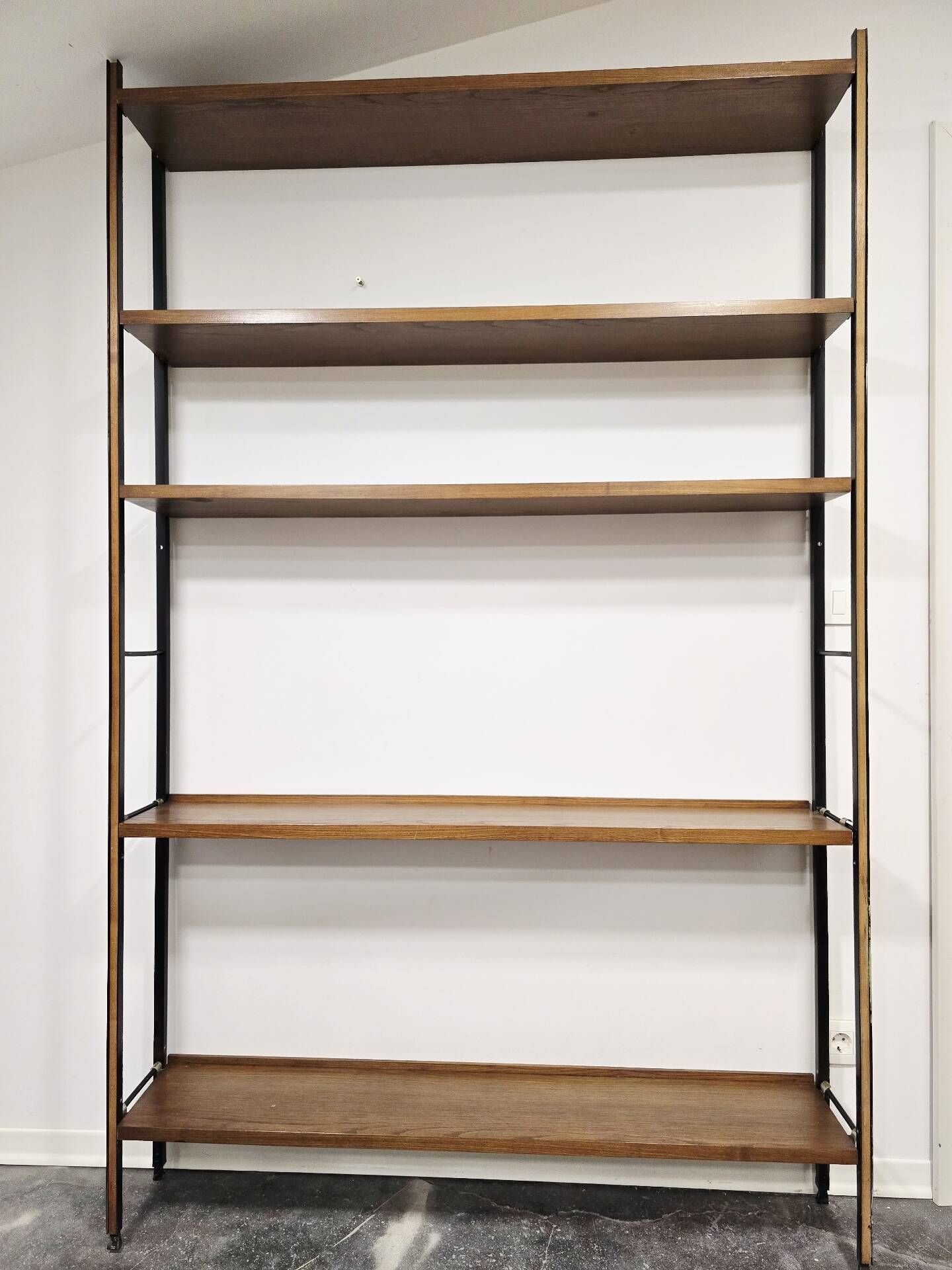 Vintage 1950s Mid-Century Modern Wall Shelving Unit – Hardwood & Alumi