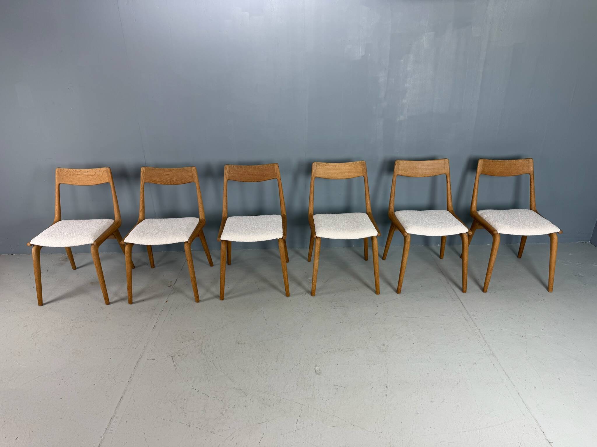 Alfred Christensen Danish oak "Boomerang" chairs set of 6 boucle fabric