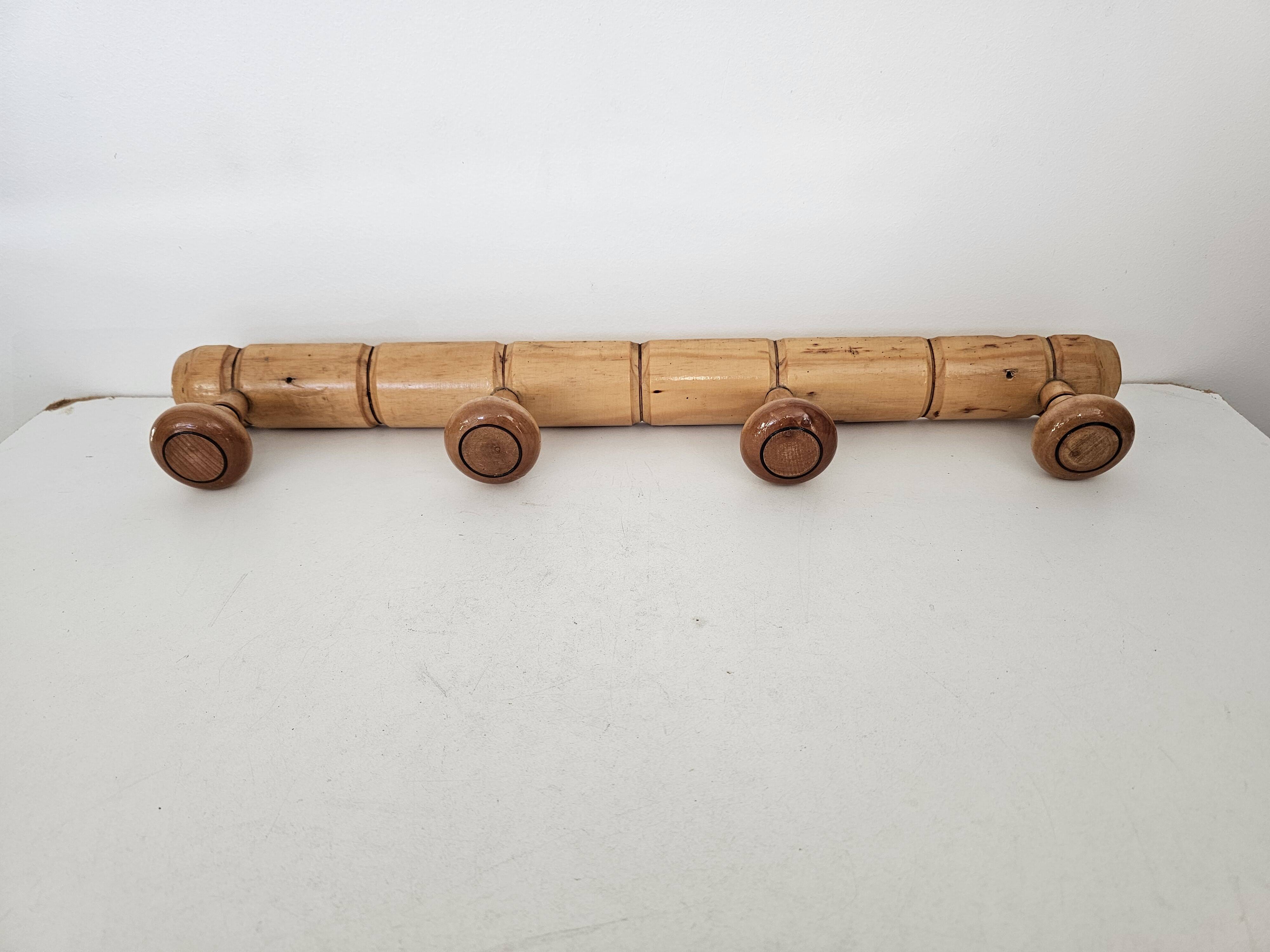 Vintage wooden wall coat rack in bamboo style (4 hooks) 50s 60s