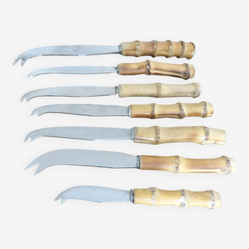 Set of 7 cheese knives with bamboo handles from the 60s