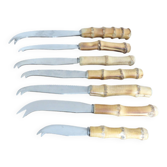 Set of 7 cheese knives with bamboo handles from the 60s