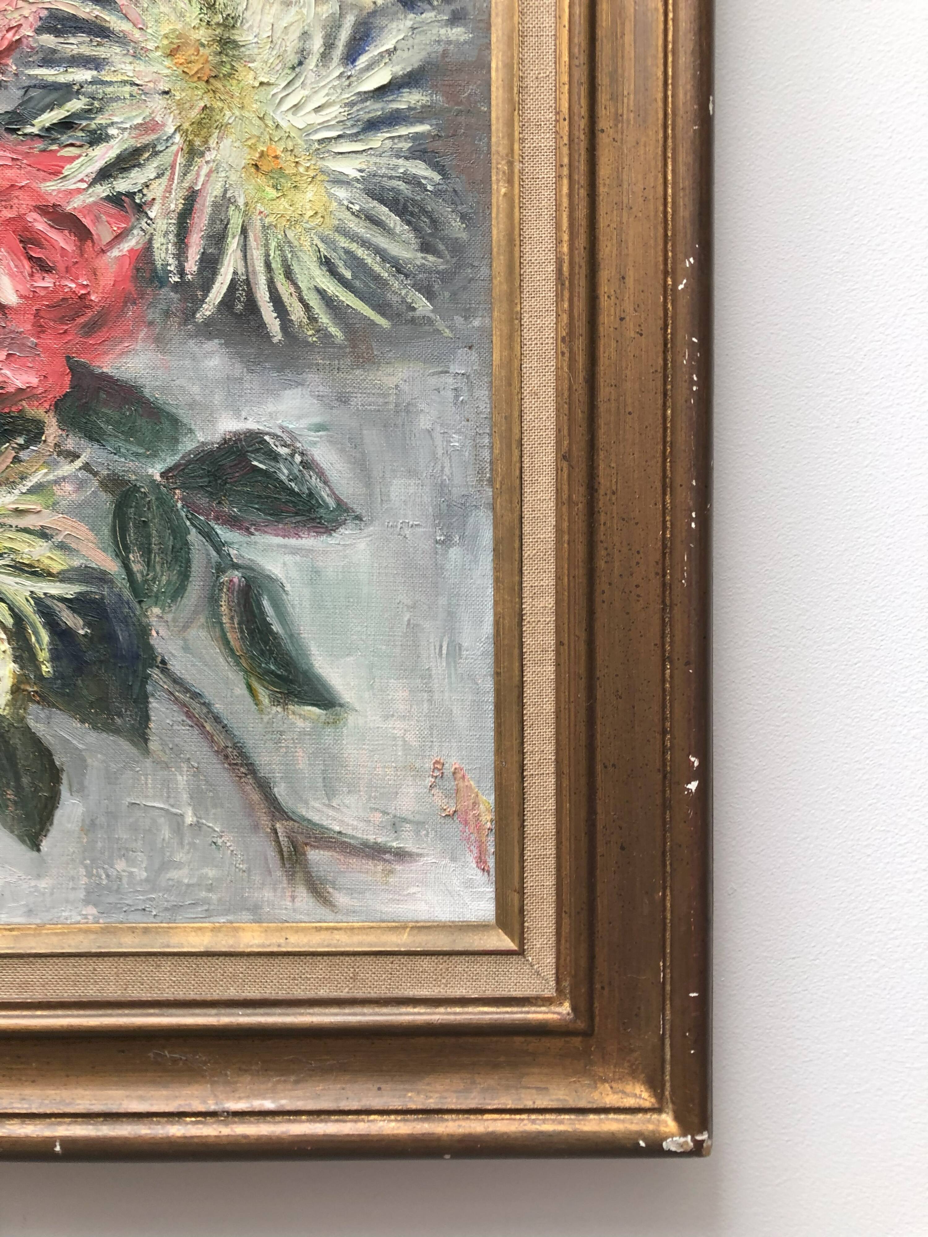 Old painting bouquet of pink flowers, iris, lupine, dahlia