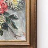 Old painting bouquet of pink flowers, iris, lupine, dahlia