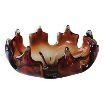 Centerpiece/Fruit bowl. Blown art glass Murano Italy. Amber tones. Floral design/8 flamed tips. Dim. 22 x 10.5 cm