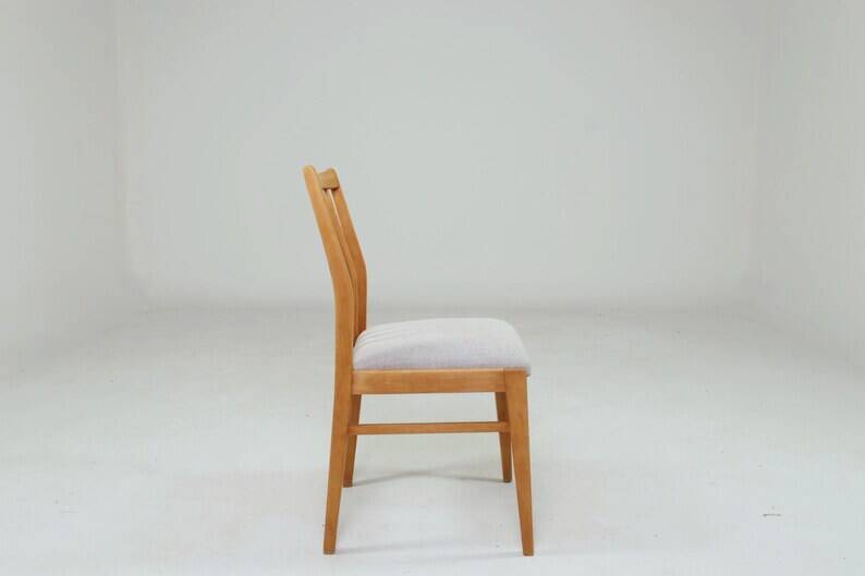 Vintage Dining Chairs Set of 4, Natural beech wood, Herringbone fabric