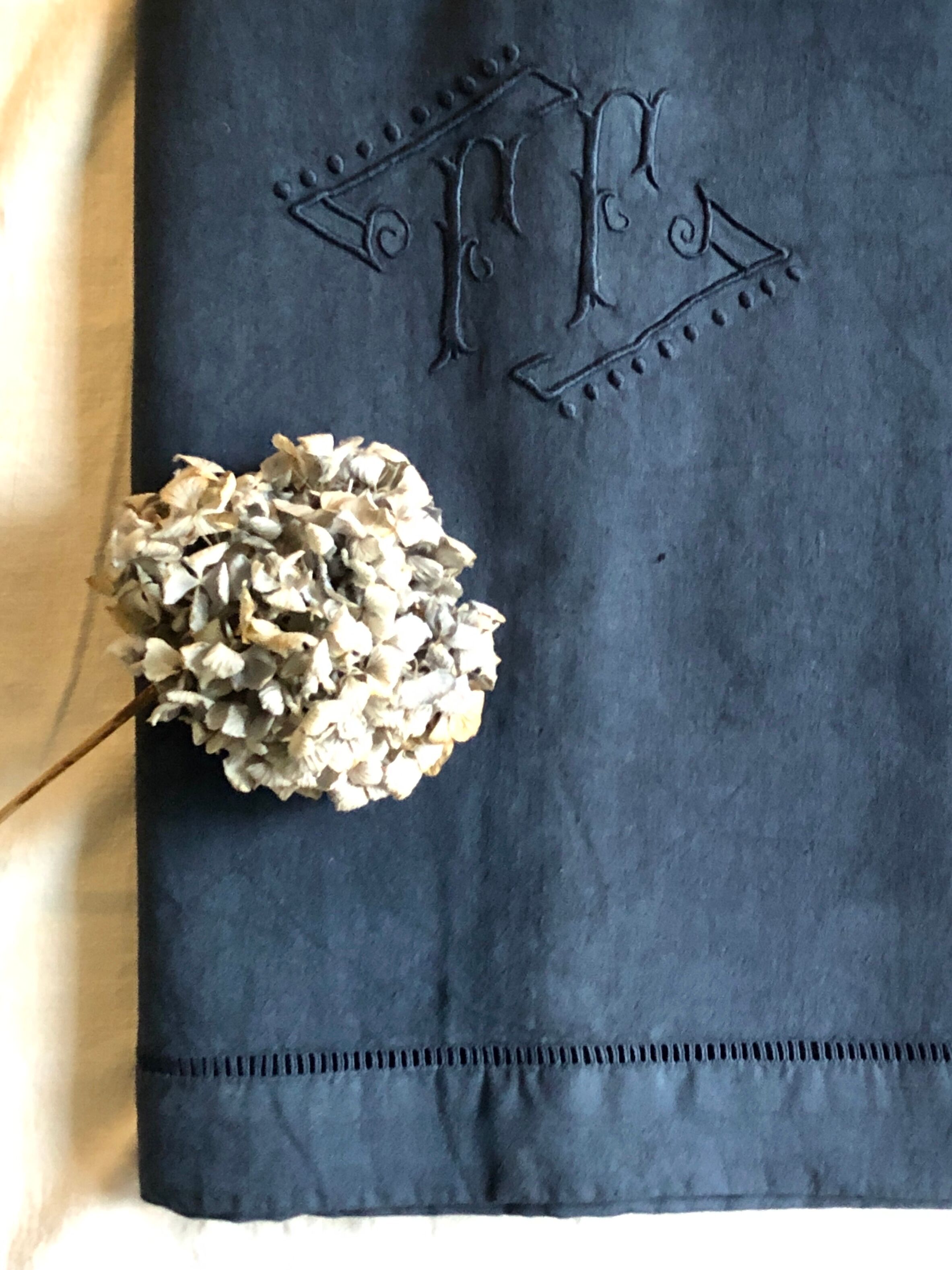 Old linen and cotton sheet dyed in night blue