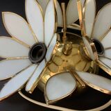 Pair of Hollywood Regency flower sconces in white glass and brass. Italy