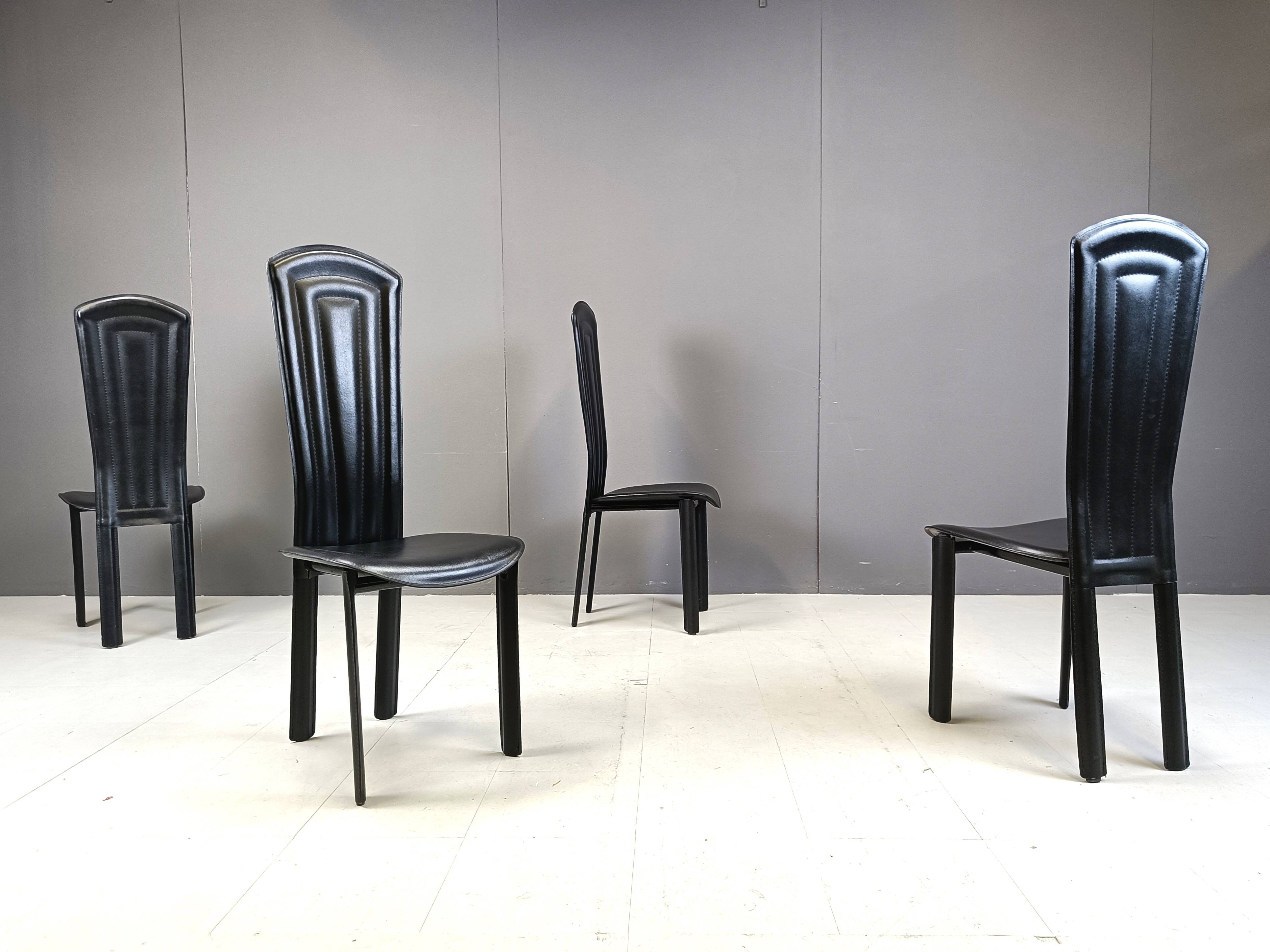 Vintage black leather dining chairs, set of 4, 1980s