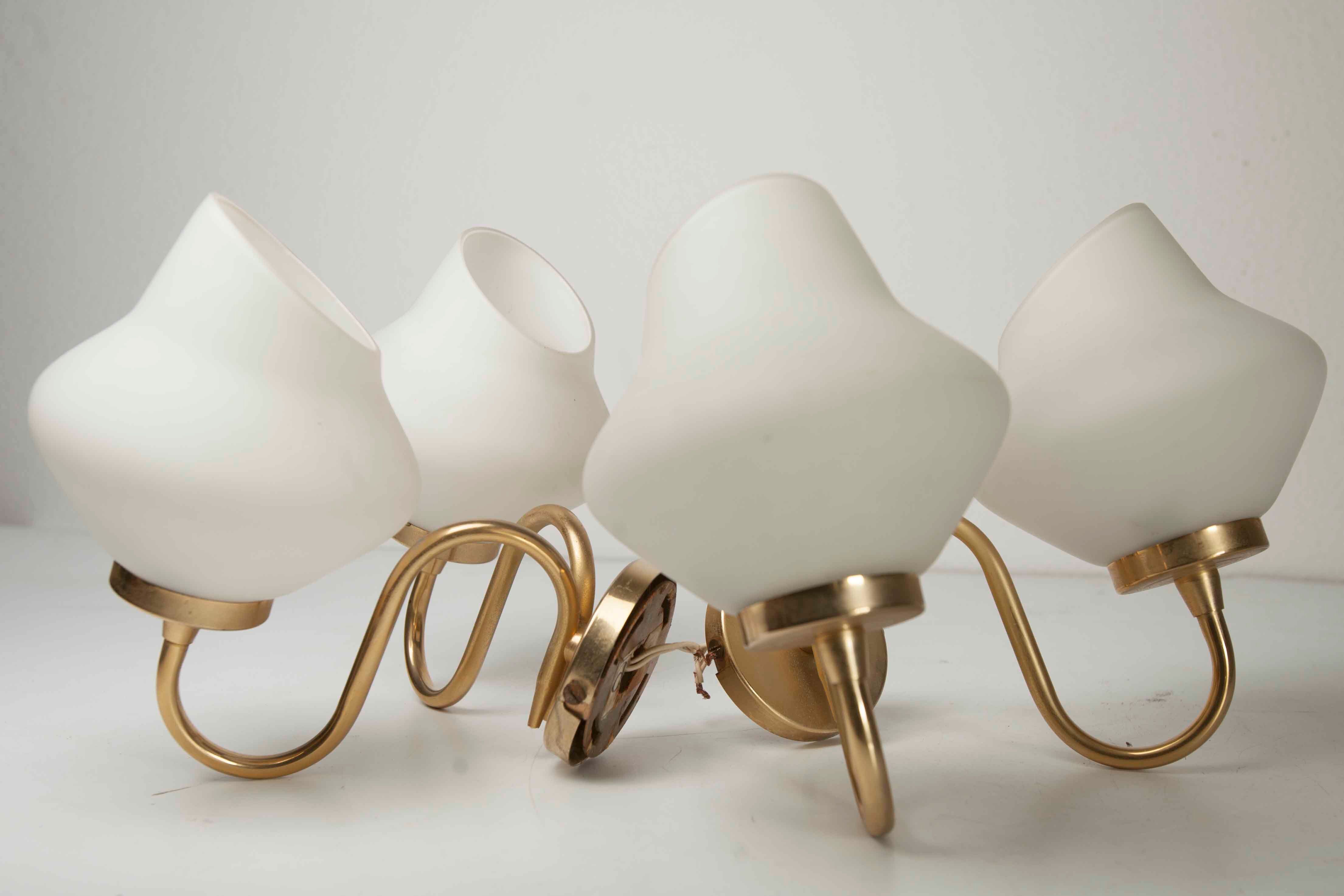 Pair of 60s brass and opaline sconces