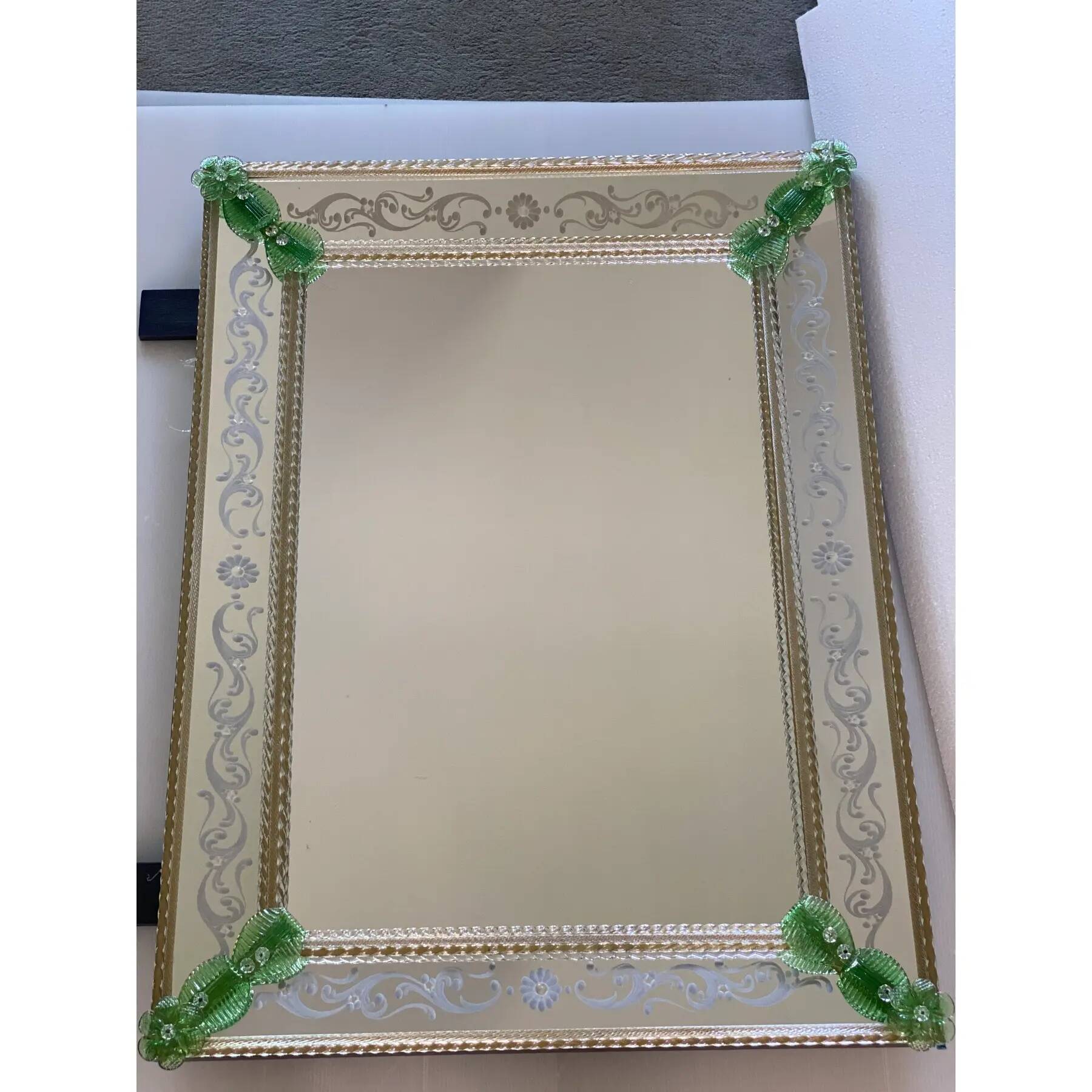 Rectangular Venetian Murano Glass Mirror with Green Floral Hand-Carving
