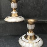 Set of 2 mother-of-pearl candlesticks and brass