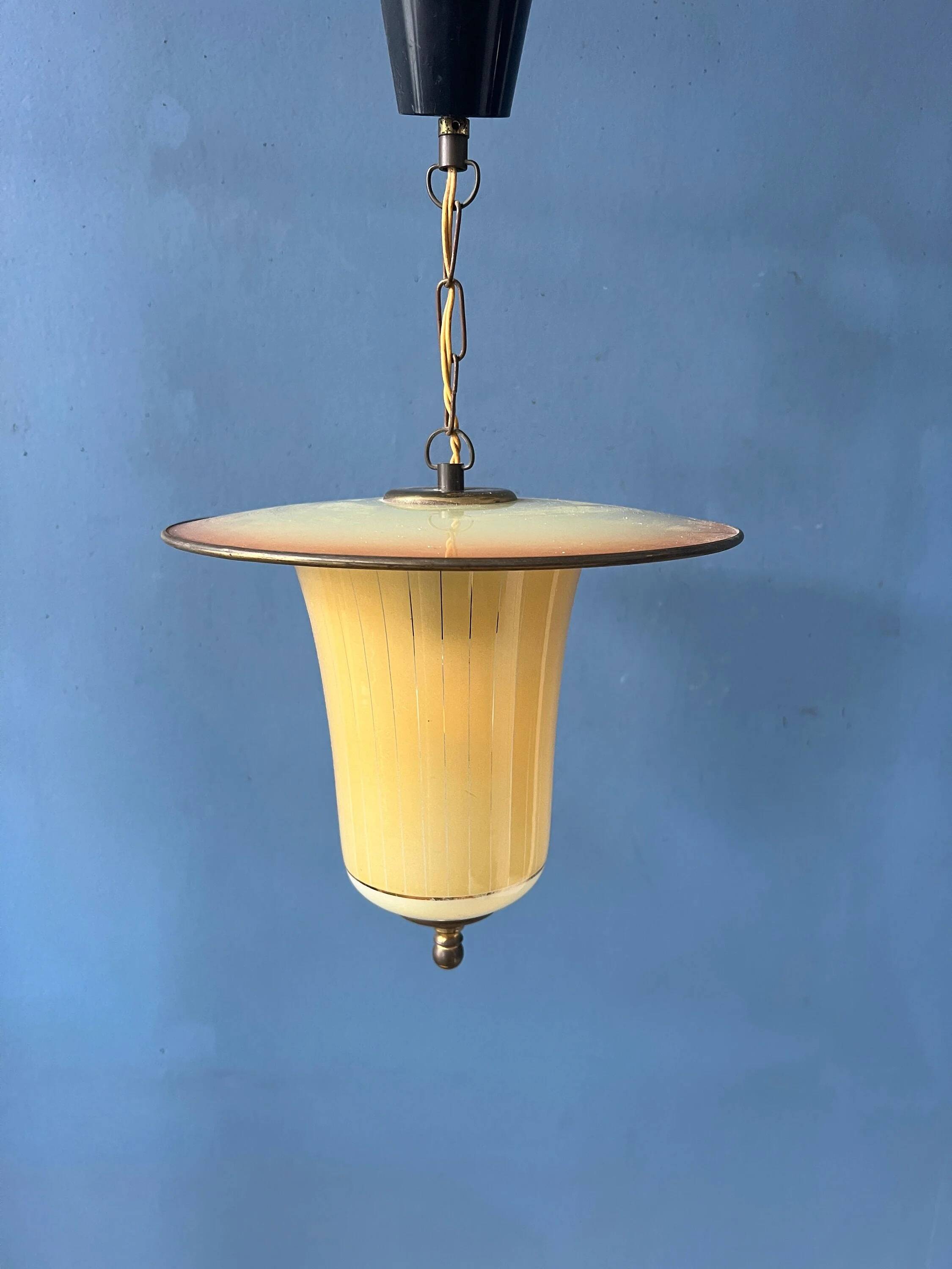 Vintage 1950s glass and brass pendant light.