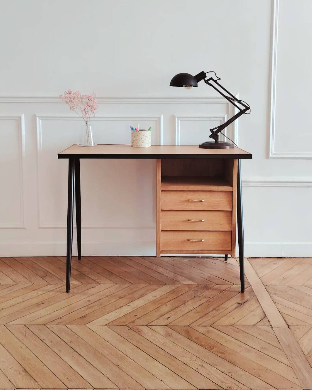 Renovated vintage desk, Scandinavian style, 1950s-60s.