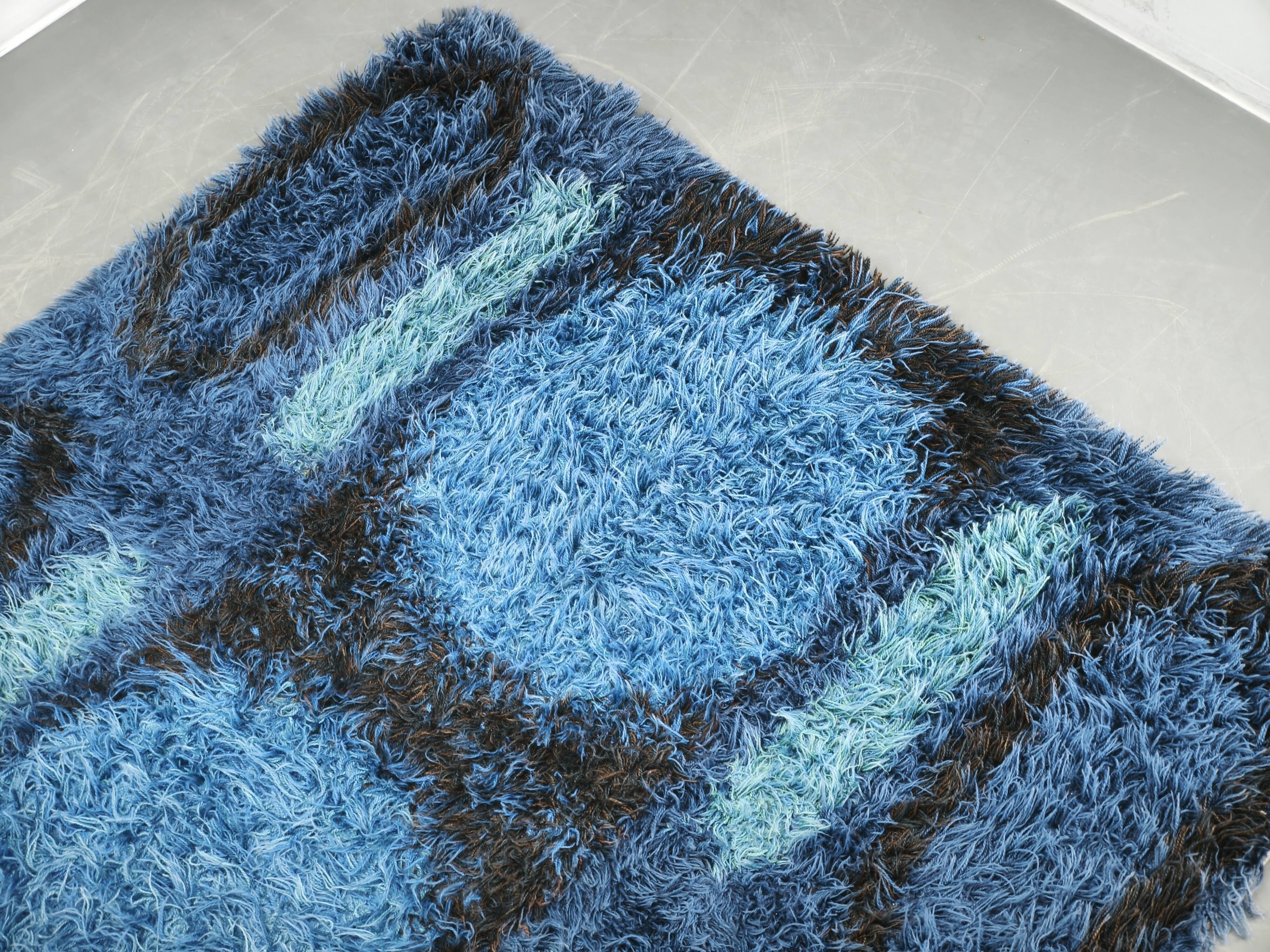 Large Danish Abstract Blue Wool Rya Rug in Ege Style